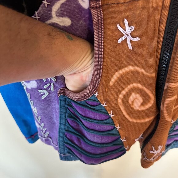 Womens Colorful Patchwork Hoodie Zip Up Embroidery Hood Pockets Medium Hippie - Picture 7 of 7